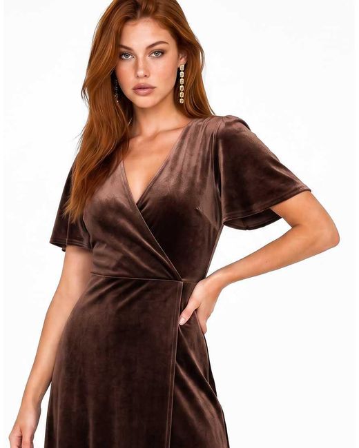 Maya Brown Faux Wrap Short Sleeve Velvet Maxi Dress