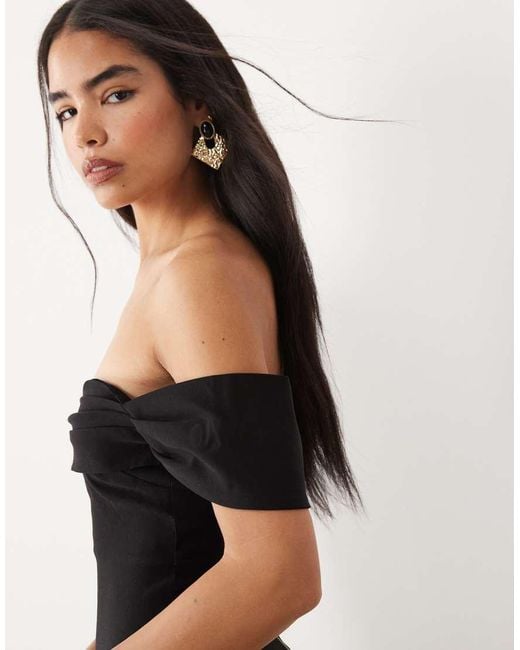 Vesper Black Bengaline Bardot Off Shoulder Bodycon Midaxi Dress