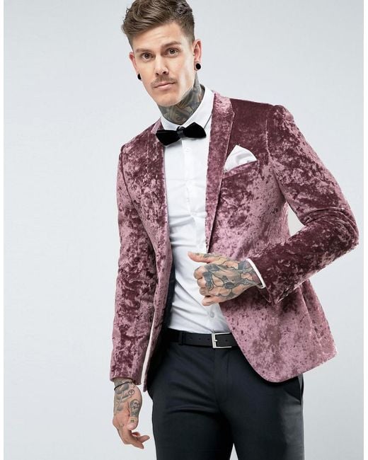 ASOS Skinny Blazer In Purple Crushed Velvet for men