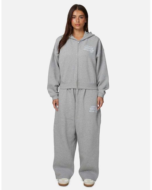 Good For Nothing Gray Baggy Zip Hoodie With Embroidered Logo
