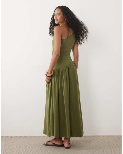 ASOS Green Ruched One Shoulder Dropped Waist Maxi Dress