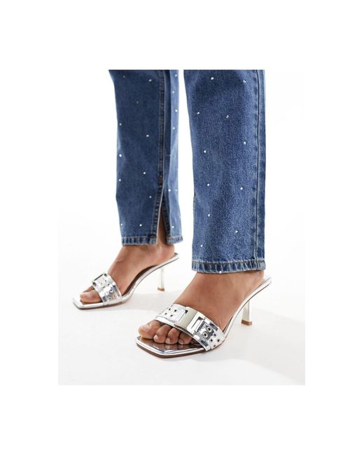SIMMI Blue Simmi London Bexley Mid Heeled Mules With Eyelet Buckle Detail
