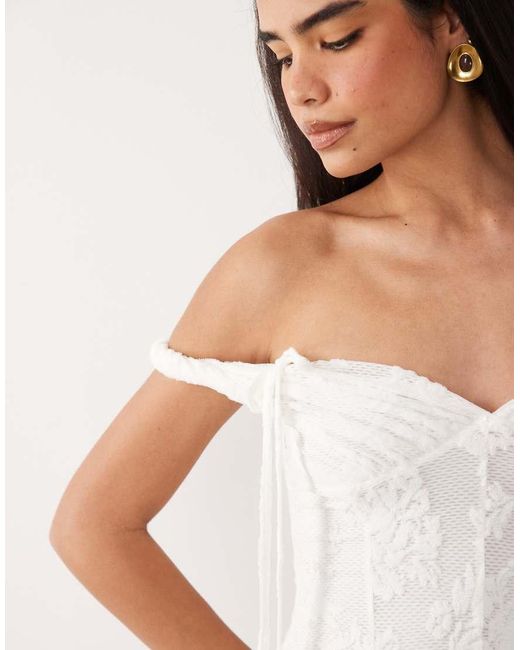 ASOS White Devore Bardot Twist Strap Mini Dress With Godets