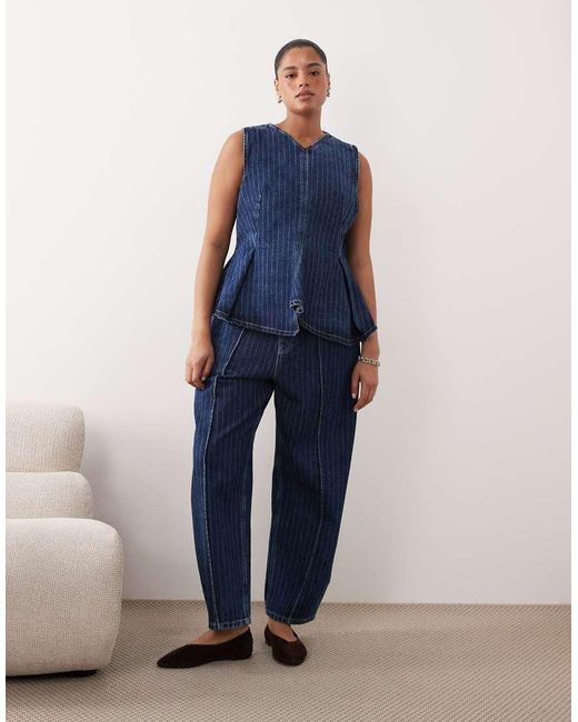 ARRANGE Blue Curve Stitch Stripe Denim Pleated V Neck Top