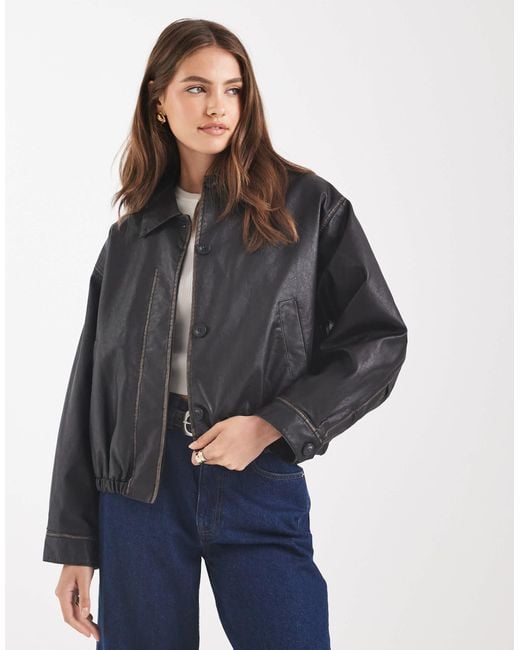 ASOS Gray Vintage Wash Leather Look Bomber Jacket