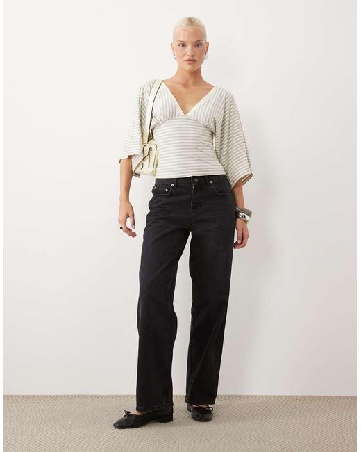 Gina Tricot White Deep V Neck Wide Sleeve Top