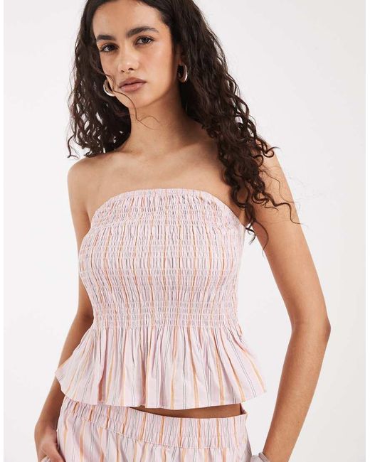 Vero Moda Pink Poplin Shirred Peplum Hem Bandeau Top Co-ord