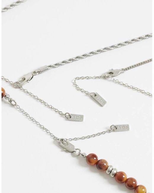 ASOS White 3 Pack Faux Tiger's Eye Beaded Rose Pendant Necklace for men