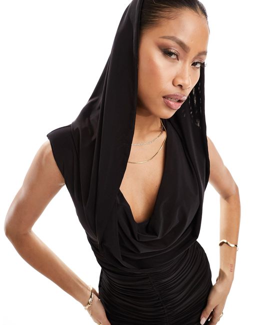 Naked Wardrobe Black Ruched Bodycon Midi Dress With Hood