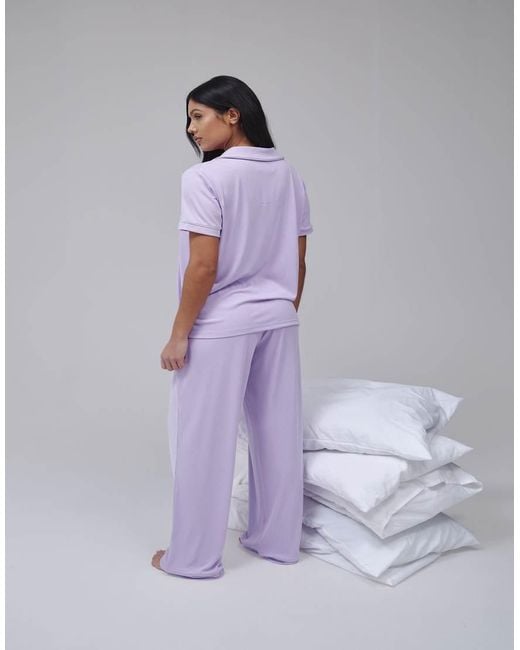 Loungeable Purple Super Soft Jersey Rib Traditional Short Sleeve Long Pant Set