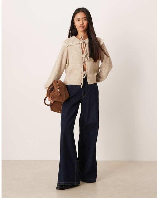 Glamorous Natural Tie Front Ruffle Collar Cardigan