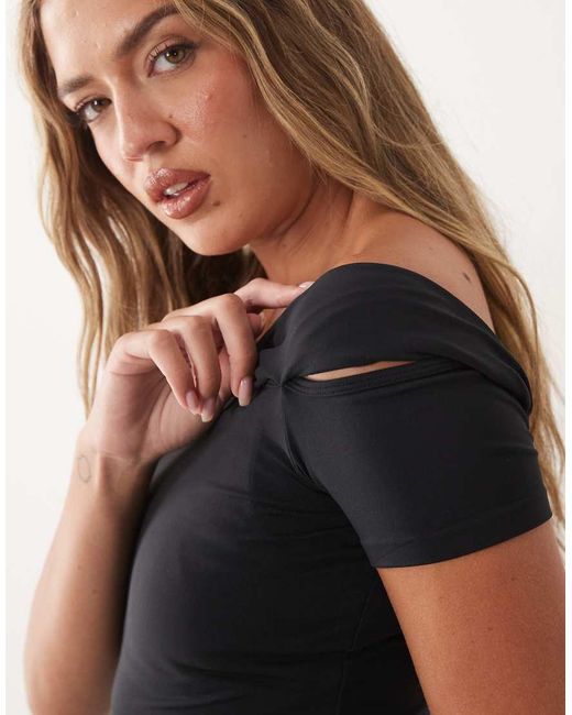 4505 Black Plush Handle Asymmetric Drape Detail Cap Sleeve Studio Top