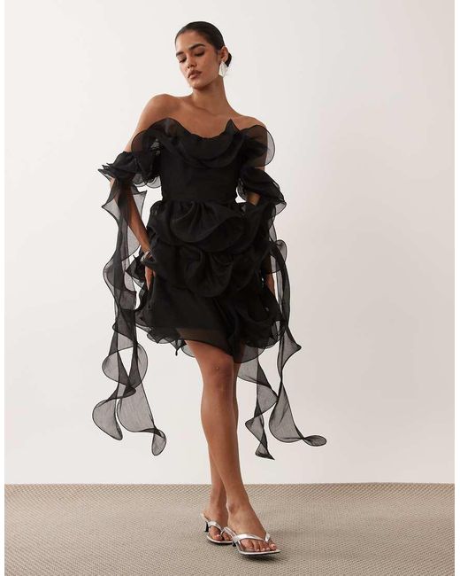 ASOS Black Textured Organza Wired Ruffle Off Shoulder Mini Dress