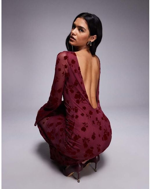 ASOS Red Floral Flock Maxi Dress With Flute Sleeve Detail