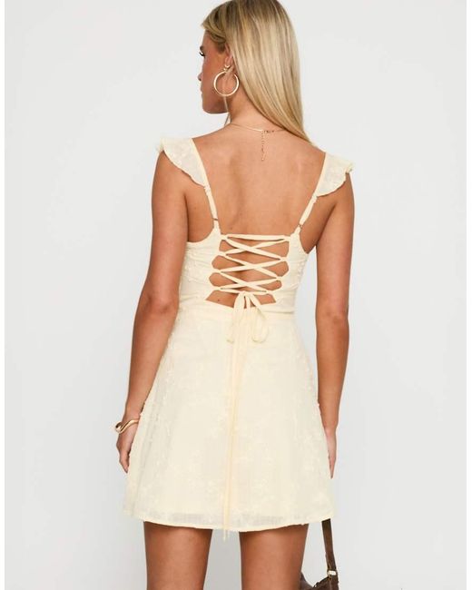 Princess Polly White Landon Textured Floral Frill Sleeve Lace Up Back Detail Sweetheart Neckline Mini Dress