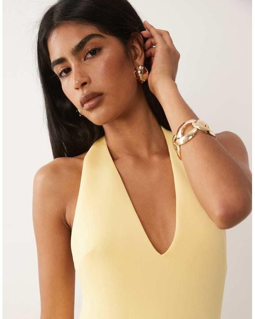 ASOS Natural Plunge Neck Structured Full Skirt Midi Dress