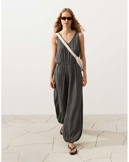 Oysho Natural 100% Cotton Long Jumpsuit