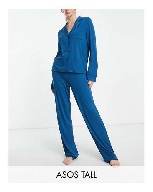 ASOS Asos Design Tall Exclusive Long Sleeve Pyjama Shirt & Pants Set With  Contrast Piping in Blue | Lyst
