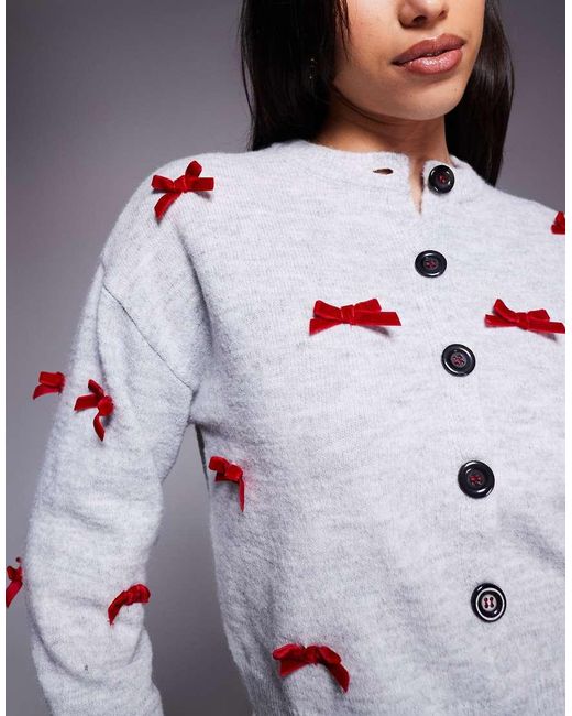River Island Gray Knitted Bow Detail Cardigan And Trouser Set