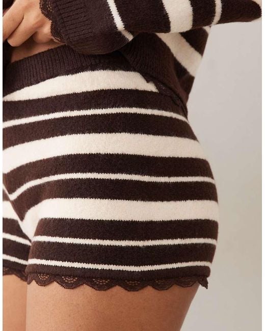 Miss Selfridge Brown Stripe Knitted Shorts With Lace Trim