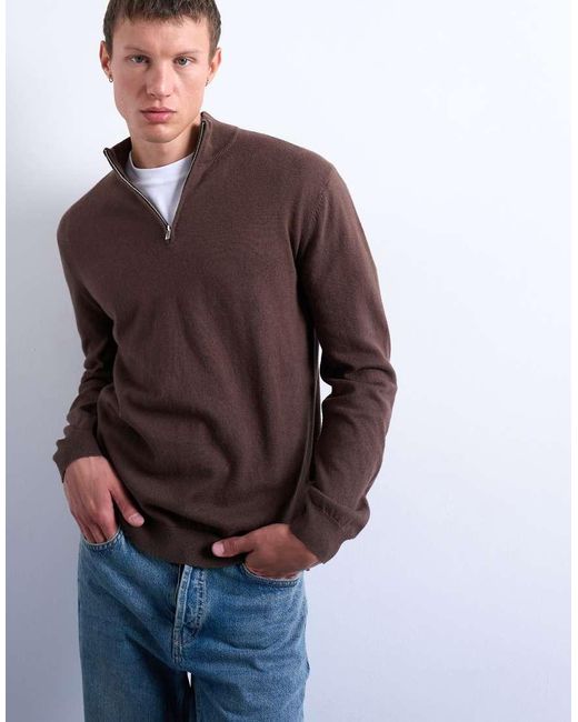 Topman Brown Essential Knitted 1/4 Zip Funnel for men