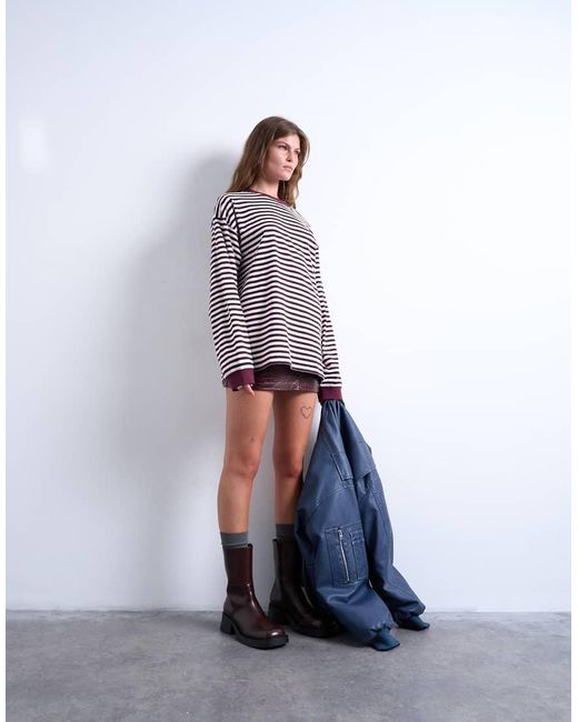 T-Shirt A Maniche Lunghe Extra Larga Stile Skater Bordeaux A Righe di TOPSHOP in Red