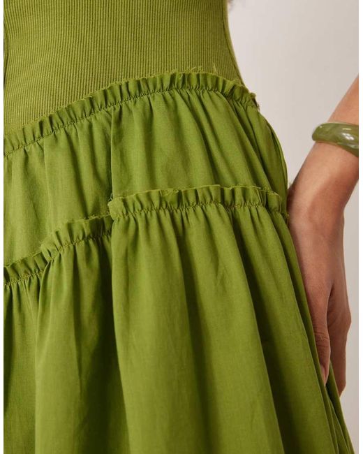ASOS Maxi Jurk Met Lage Ronde Hals, Knopen, Geribbeld Lijfje En Poplin Rok in het Green