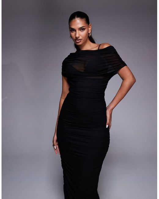 ASOS Blue Draped Shoulder Mesh Maxi Dress With Ruching