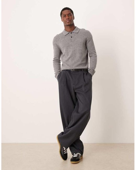 Mango Gray Wool Mix Button Up Knitted Polo for men