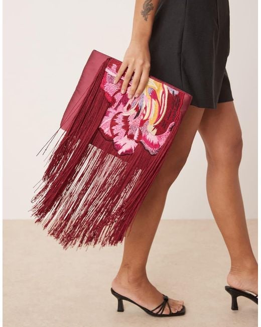 ASOS Embroidered Flower Zip Top Clutch With Tassel Detail