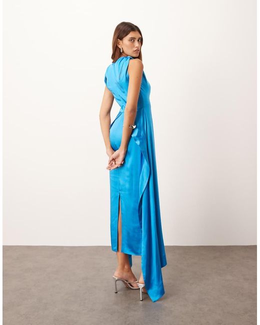 ARRANGE Blue Satin Square Cut Maxi Dress With Twist Shoulder