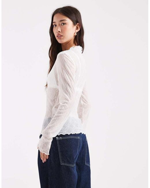 Pieces White Long Sleeve High Neck Textured Top