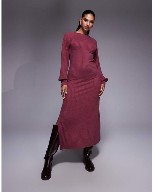 ASOS Red Ribbed Long Sleeve Balloon Sleeve Maxi Dress