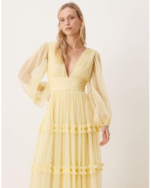 LACE & BEADS Natural Tulle V Neck Sheer Sleeve Maxi Dress