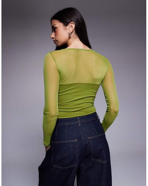 ASOS Green Mesh Mix Panel Long Sleeve Bodysuit