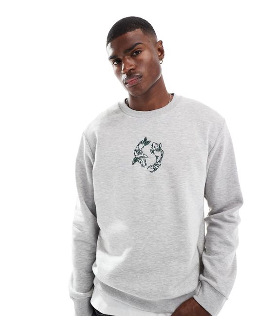 Jack & Jones White Oversized Sweat With Carp Embroidery for men