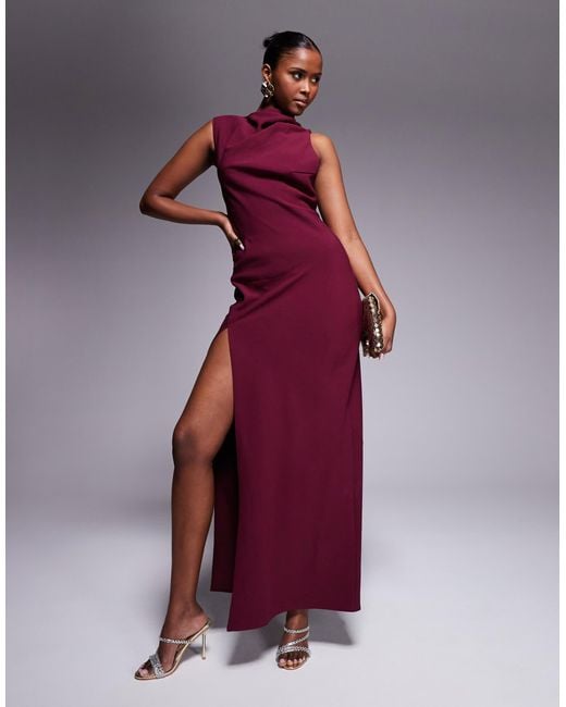ASOS Satin Asymmetric Neck Side Bust Maxi Dress in Purple | Lyst Australia