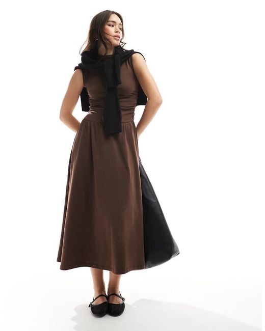 Stradivarius Brown High Neck Drop Waist Midi Dress