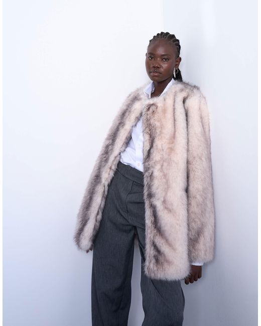 TOPSHOP White Faux Fur Collarless Mid Length Coat