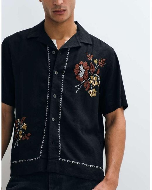 Abercrombie & Fitch Blue Linen Rich Resort Embroidered Short Sleeve Shirt for men