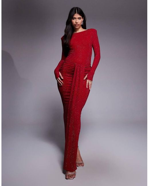 Wanderdoll Red Nara Sculpted Hotfix Slash Neck Bodysuit Co-Ord