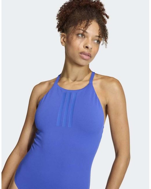 Adidas Originals Blue 3-Stripes High Neck 2-Way Straps Peachsoft Swimsuit