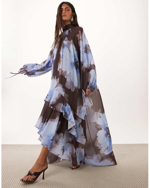 TFNC London Blue Chiffon Maxi Dress With Tiered Hem