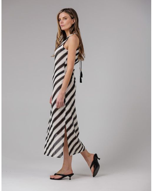 French Connection Gray Cotton Blend Stripe Crochet Scoop Neck Tie Back Midi Dress