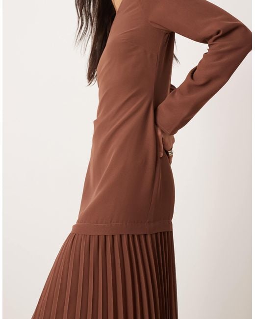 ASOS Brown Long Sleeved Pleated Skirt Maxi Dress