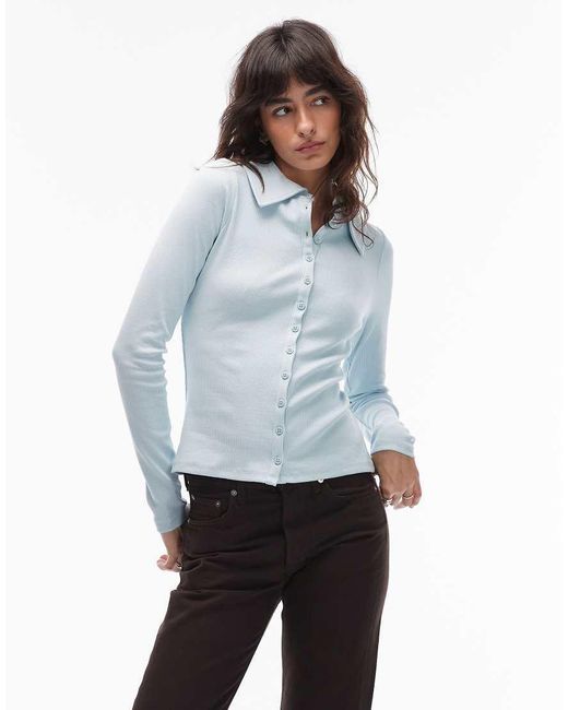 ASOS Blue Rib Button Through Polo Top