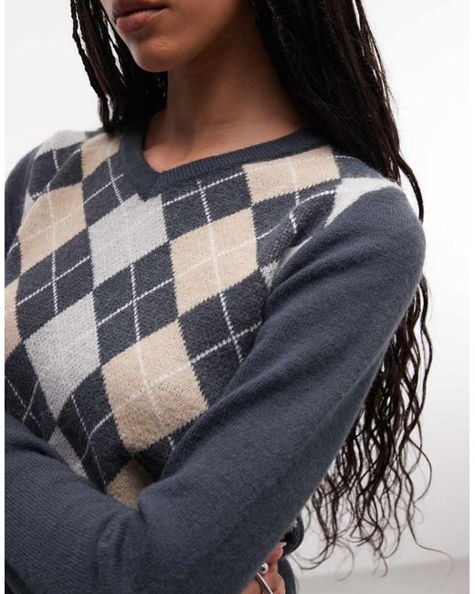 Daisy Street Blue V Neck Thin Knit Argyle Top