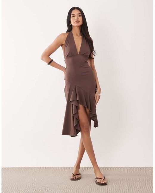 The Frolic Natural Exclusive Plunge Cowl Neck Asymmetric Ruched Drape Front Midi Dress