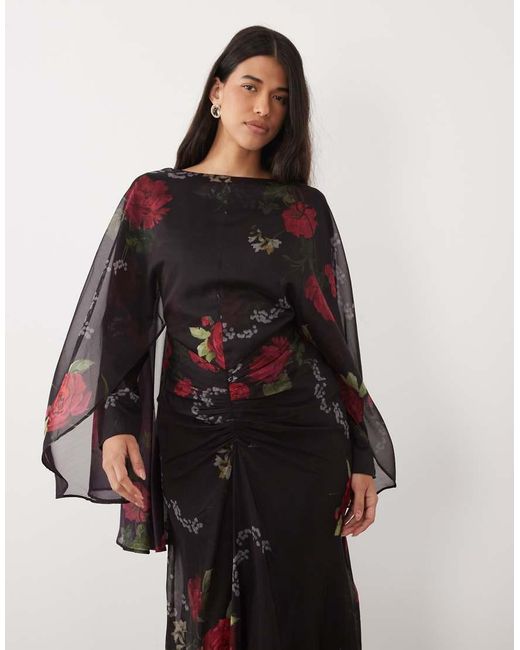ASOS Multicolor Long Angel Sleeve Maxi Dress With Ruched Waist