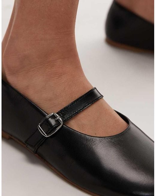 TOPSHOP Black Ash Real Leather Ruched Ballet Flat Shoes With Buckle